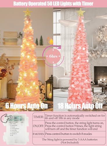 HMASYO 5ft Dreamy Pink Pop Up Tinsel Christmas Tree with Timer Lights
