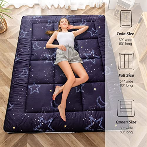 Full Size Japanese Floor Futon Mattress, Quilted Moon and Star Sleeping Pad
