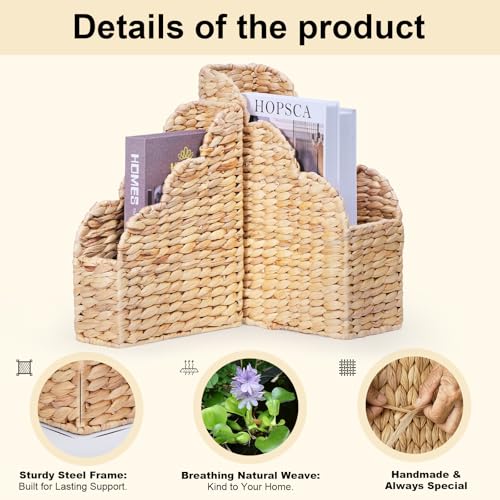 Set of 2 Handwoven Water Hyacinth Magazine Holders with Scalloped Edge