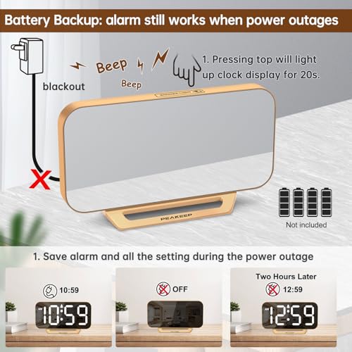 Digital Mirror LED Alarm Clock with 6 Dimmers & Battery Backup - Gold
