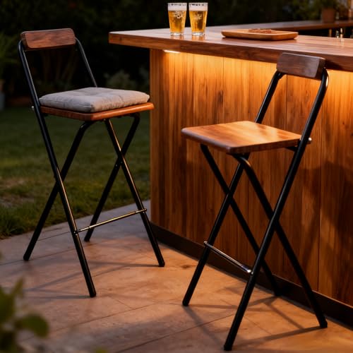 29.5-Inch Folding Bar Stool with Backrest, Portable Metal Tall Chair