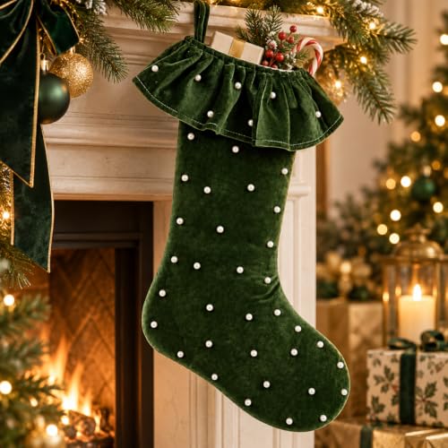 Sosation Velvet Christmas Stockings Set of 4 - Moss Green, Pearls & Ruffled Trim