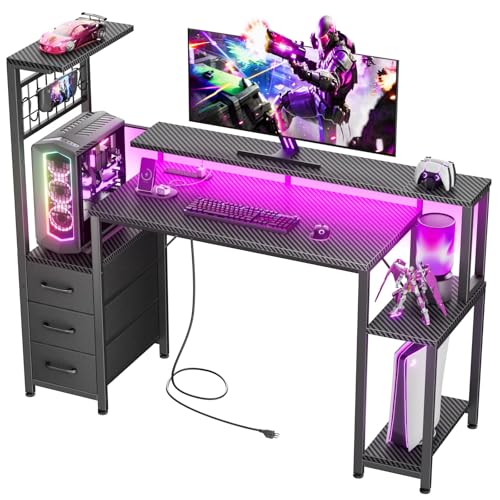 48" Gaming Desk with LED Lights, Power Outlets, Storage Drawers & Monitor Stand