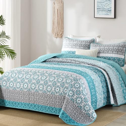 Teal Boho Queen Quilt Set - 3-Piece Floral Striped Microfiber Bedspread