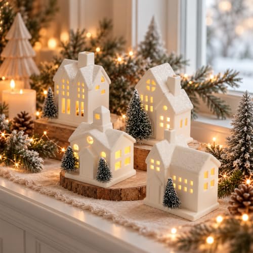 FTEJUWJ 4-Piece Ceramic Christmas Village Set with LED Lights Glitter Snow Scene