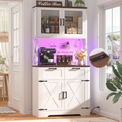 71" Tall Farmhouse Kitchen Pantry Cabinet with Power Outlet & LED Light