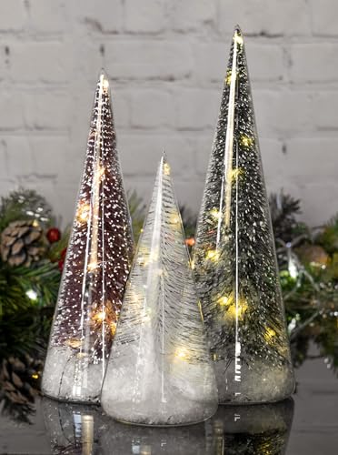 Red Co. Set of 3 Clear Glass Light-Up Christmas Tree Figurines with LED, Tinsel & Snow