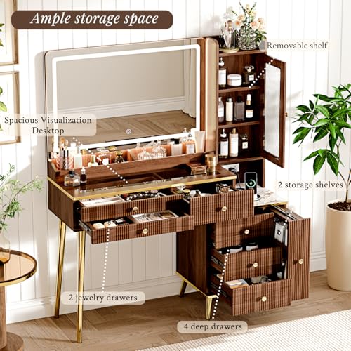 Modern Makeup Vanity Desk with Lighted Mirror, 7 Drawers & Charging Station