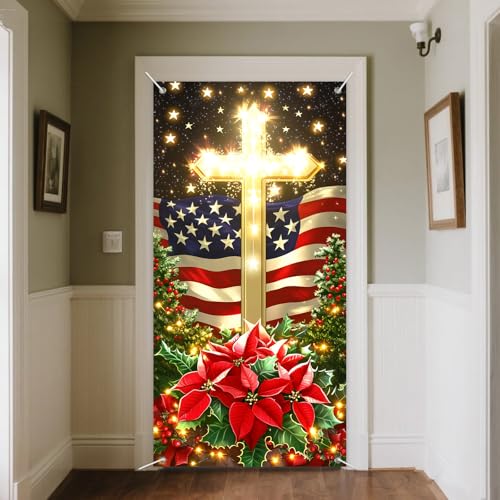 IVN Patriotic Cross Door Cover Christmas Flag with Poinsettias and Gold Cross - 35x71 Inch