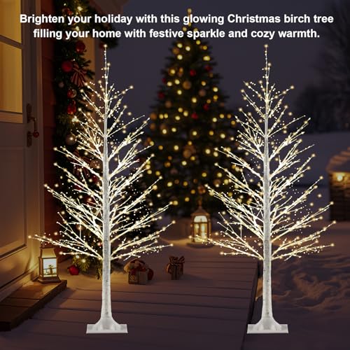 Set of 2 4FT Birch Tree with 500 Warm White LEDs - White Trees, 2-Pack, Auto Timer (6H/18H)