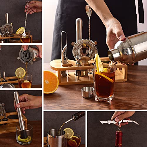 Wukuna Silver Cocktail Shaker Set Bartender Kit with Bamboo Stand, 12-Piece Bar Tools