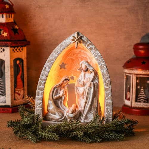 Small Resin Nativity Set with LED Tealight Holder - Holy Family Manger Scene