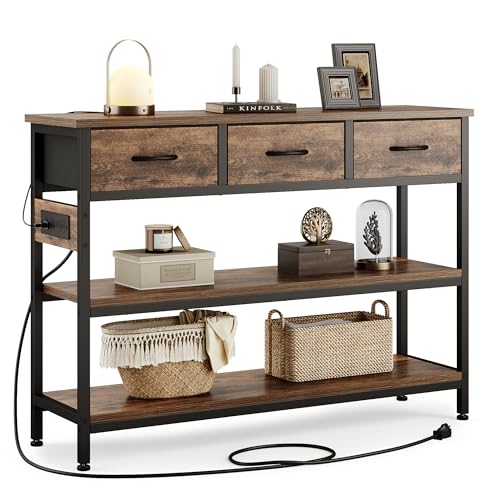 43-Inch Console Table with Charging Station and 3 Fabric Drawers