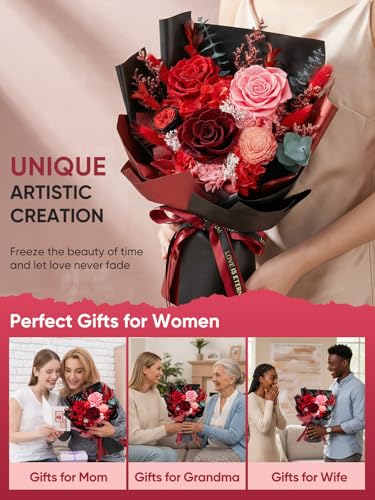 Preserved Red Rose Bouquet - Real Forever Flowers Gift Set with Vase