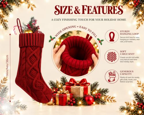 Fesciory 14-Inch Christmas Stockings 6 Pack – Burgundy, Ivory, Green Cable Knit