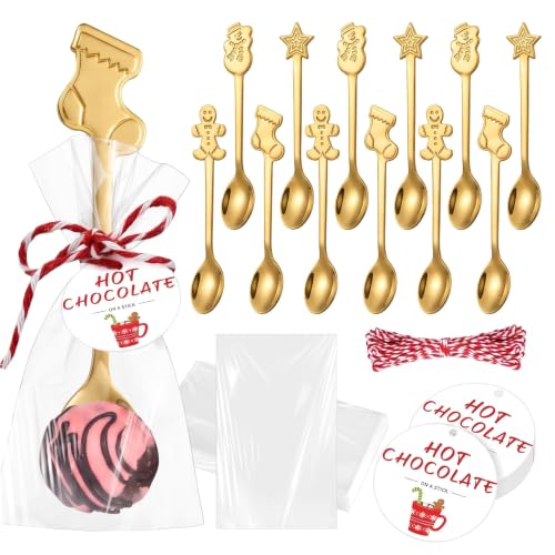 Lasnten Christmas Hot Chocolate Spoons Set - Classic / Gold Stainless Steel 12 Pack