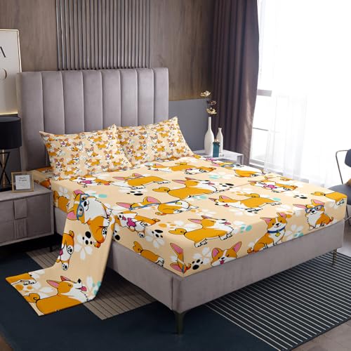 Homewish Wws9405 Full Corgi Sheet Set - Kids Cartoon Dog Paw Bedding, 4pcs