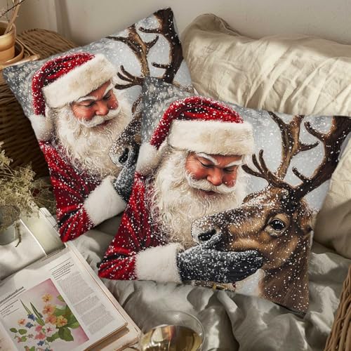 Santa Throw Pillow Covers Set of 2 | 18x18 Inches Cushion Cases for Couch, Sofa, Bedroom and Living Room | Christmas Pillowcases for Home Decoration