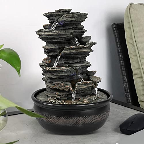 5-Tier Tabletop Water Fountain with LED Lights - Indoor Cascading Waterfall