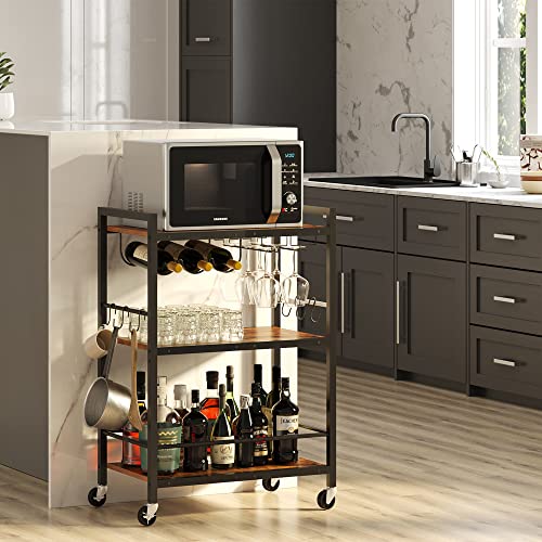 3-Tier Mobile Bar Cart with Wine Rack, Glass Holder and Storage Hooks