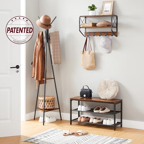 Freestanding Industrial Hall Tree with 6 Hooks and 2 Storage Shelves