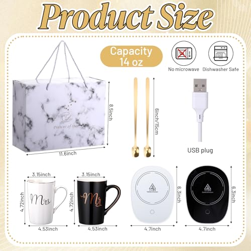 Mr & Mrs Coffee Mug Warmer Set - 14oz Ceramic Cups in Black & White (2 mugs, 2 warmers, 2 lids, 2 spoons) by Acellegic