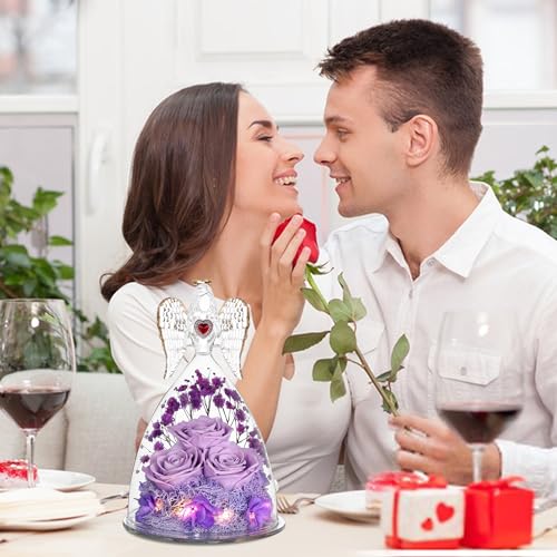 Tiaronics Light Purple Preserved Rose Angel Figurine for Mother's Day Gift - Real Forever Flower