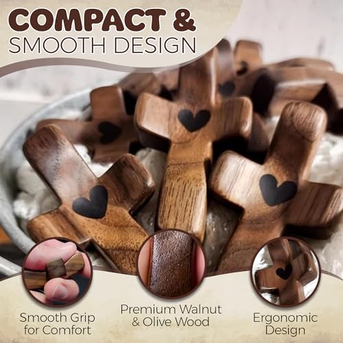 Solid Walnut Wooden Pocket Cross for Prayer, Stress Relief and Comfort
