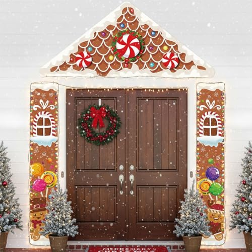 Gingerbread House Door Decor Set – 3pcs Christmas Banner & Rooftop Topper