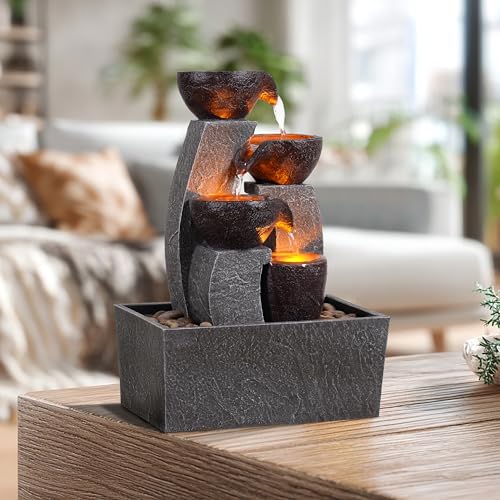 Tabletop Water Fountain with LED Lights - Indoor Waterfall Desk Decor
