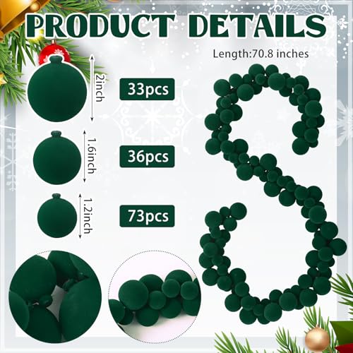 Xinnun 6 ft Red & Green Velvet Christmas Ball Garland with Flocking, 1.8m