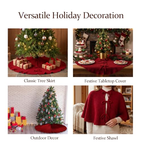 36 Inch Wine Red Knit Christmas Tree Skirt - Rustic Holiday Decor