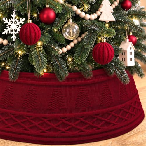 Red Knitted Christmas Tree Collar 28in Xmas Tree Skirt Base Cover - ASTNIC