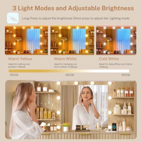 Fluted Vanity Desk with Mirror, LED Lights, Power Outlet & 7 Drawers