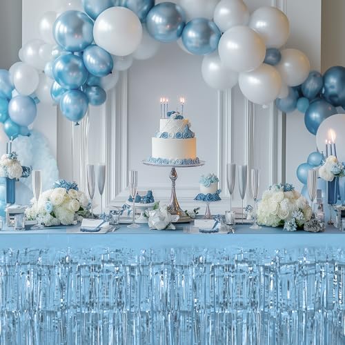 2 Pack Metallic Foil Fringe Table Skirts, Iridescent Holographic Party Decor