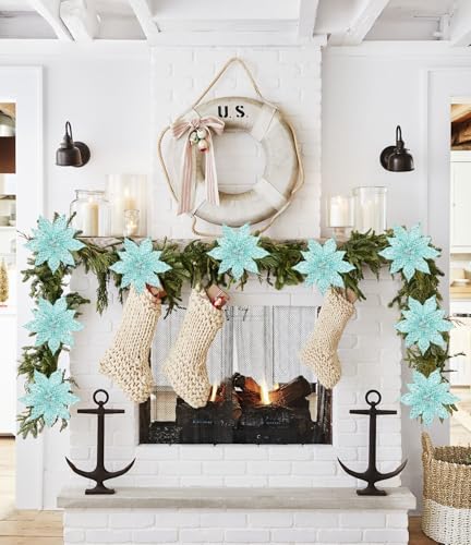 Briful Teal Blue Poinsettias 3-Pack 22.4in Glitter Mesh Artificial Christmas Flowers