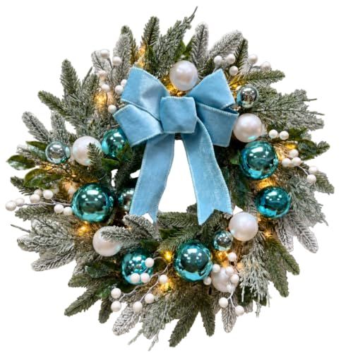 22-Inch Lighted Christmas Wreath with Timer, Blue Bow & Ornaments