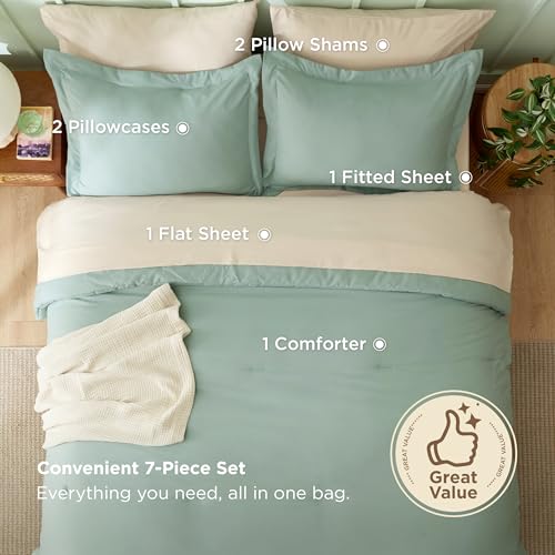Queen Comforter Set in Sage Green - 7 Piece Bedding Set