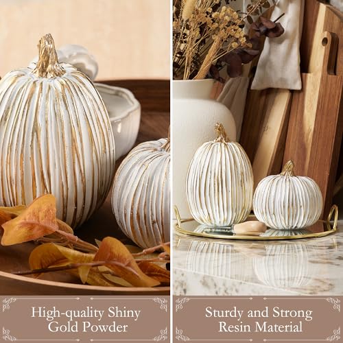 White and Gold Resin Pumpkin Figurines - Set of 2 Fall Table Centerpieces