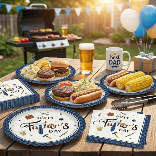 Father's Day Paper Plates and Napkins Set - Blue Plaid Theme, 50 pcs