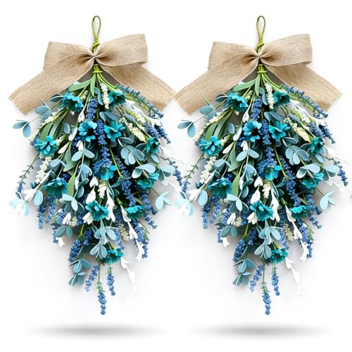 2-Pack Artificial Teardrop Swag Wreaths with Blue Daisies and Eucalyptus
