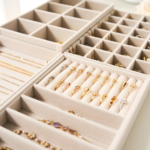 4-Layer Stackable Velvet Jewelry Organizer Trays with Removable Dividers