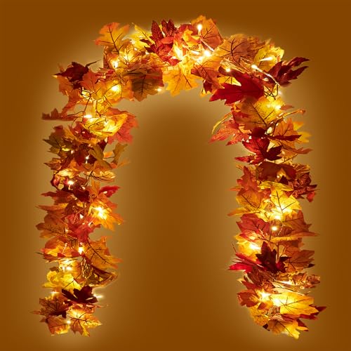 Artificial Fall Maple Leaf Garland with 40 LED String Lights, 2 Pack