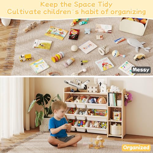 Kids Toy Storage Organizer with 9 Bins and 3-Tier Wooden Shelves