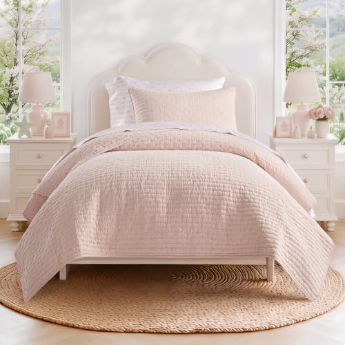 100% Cotton Cross Stitch Quilt Set Twin Size Ballet Pink