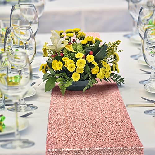 Party Tablecloth and Rose Gold Sequin Table Runner Set - Disposable 8ft Rectangular