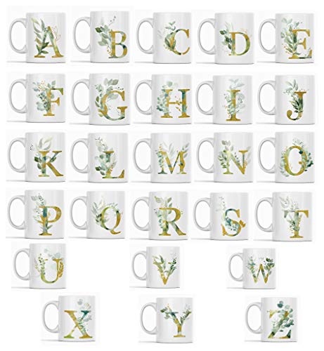 Moon9xx 11oz Gold Shimmer Floral Letter E Coffee Mug - Monogram Tea Cup for Her, Birthday, Christmas, Mother's Day