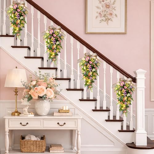 Artificial Floral Teardrop Swag with LED Lights for Front Door Decor
