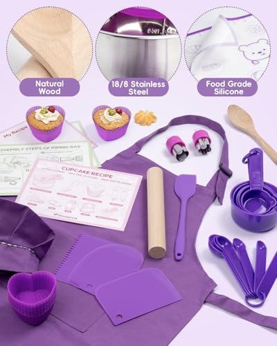Kids Baking Set with Real Cooking Utensils and Measuring Tools Purple