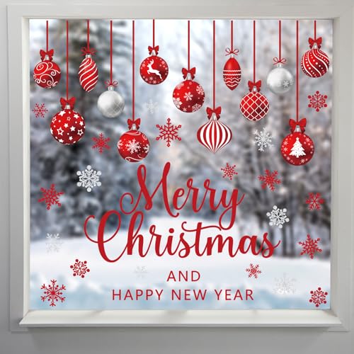 COCHIE Red Merry Christmas Window Clings Set (6 Sheets) Xmas Ball Double-Sided Decoration - XMAS